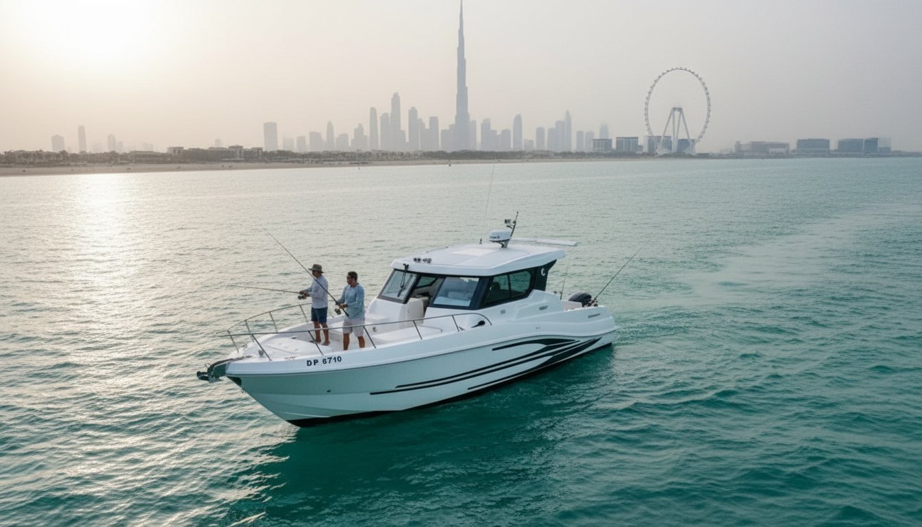 Anglers casting fishing rods from the stern of a boat in Dubai waters