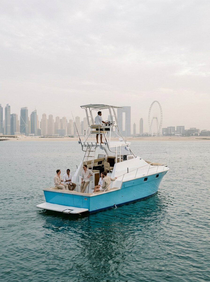 Captain navigating a yacht while guests relax on the aft deck in Dubai