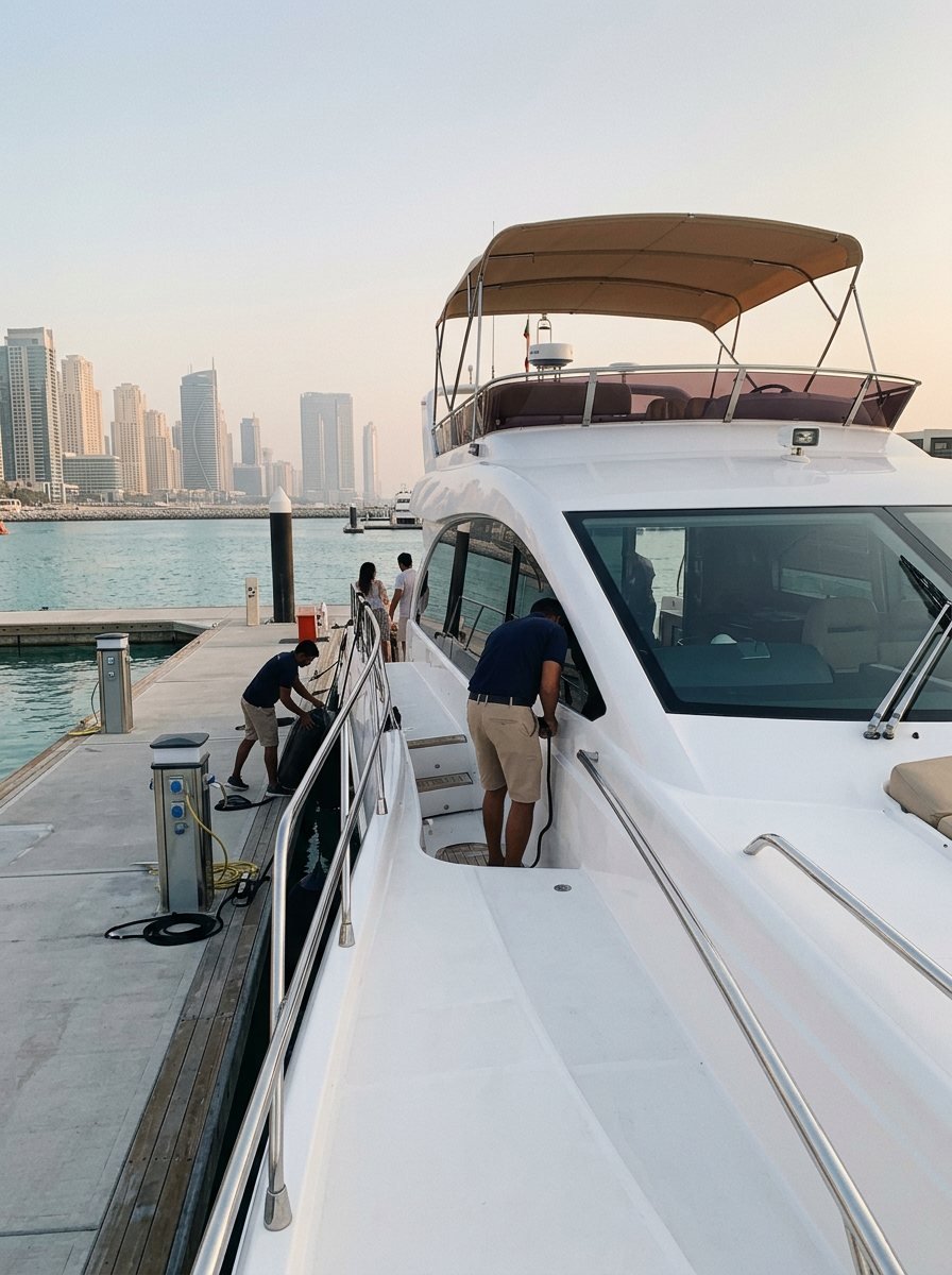 Crew members preparing the yacht on the dock during warm sunlight