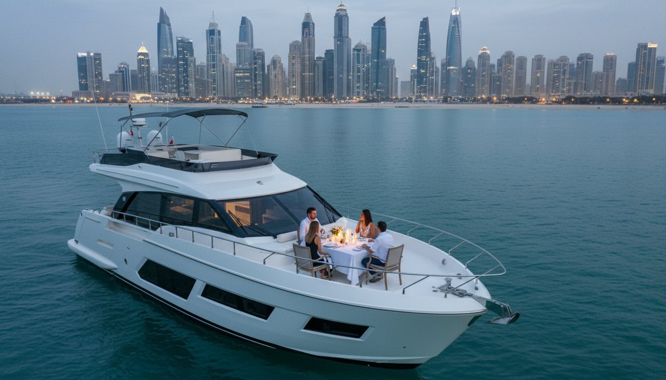 Dinner table set with candles on a yacht deck against Dubai Marina skyline