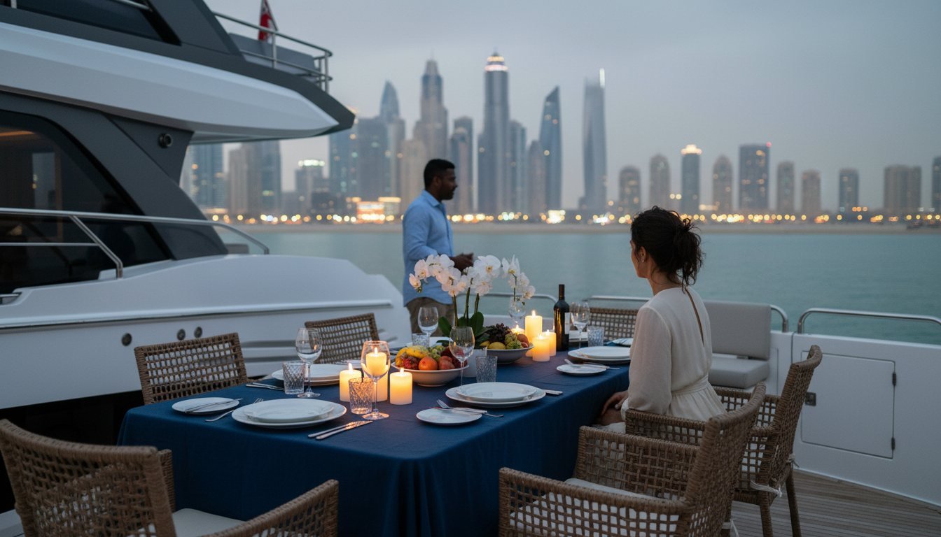 Elegantly set dining table with glowing candles on yacht deck near Dubai Marina