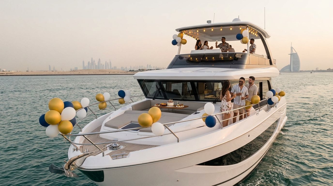 Guests celebrating with colorful balloons on a yacht deck along the coastline