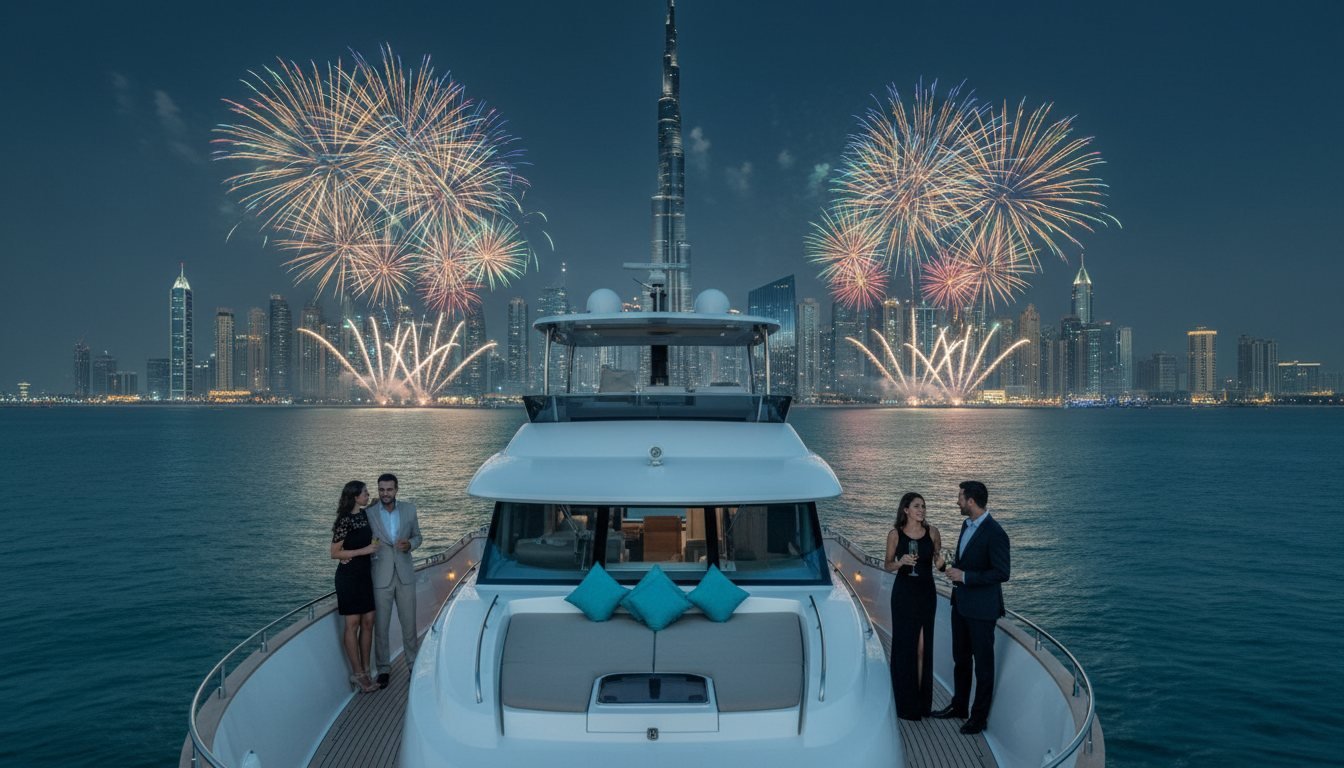 Guests on a yacht deck watching vibrant fireworks over the Dubai skyline