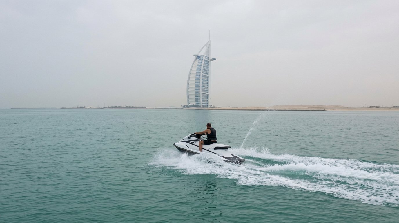Jet ski speeding across blue waters with Burj Al Arab in the distance