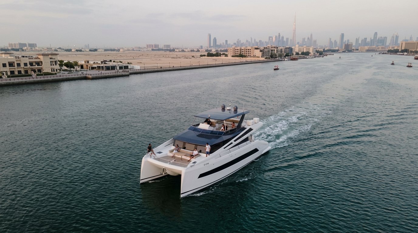 Motor yacht cruising through calm waters near Dubai landmarks in evening light