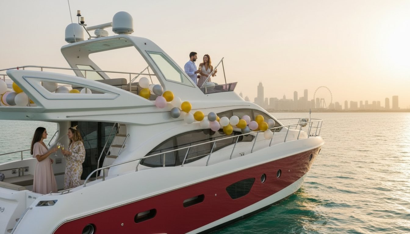 Party decorations and balloons on a yacht deck during a Dubai coastal cruise