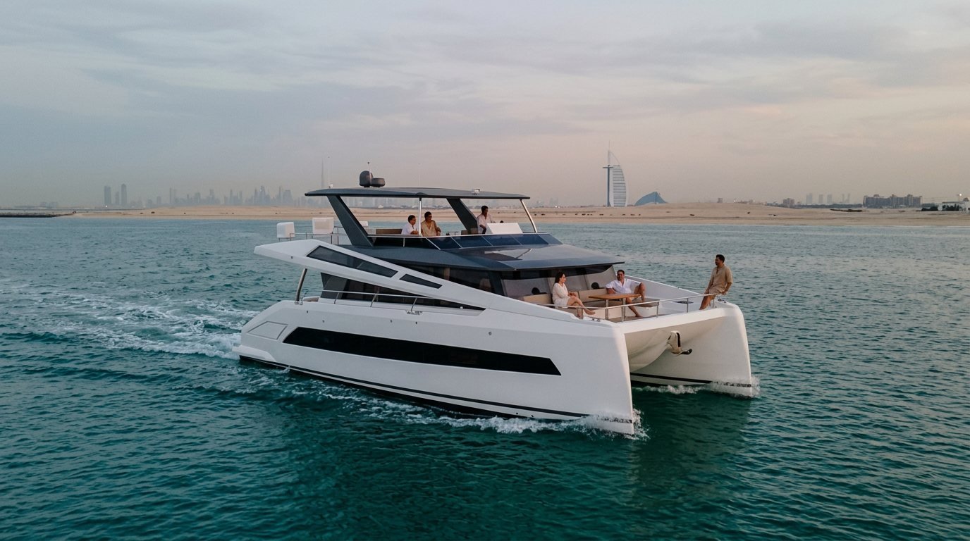Private yacht gliding past Dubai coastal landmarks under soft dusk light