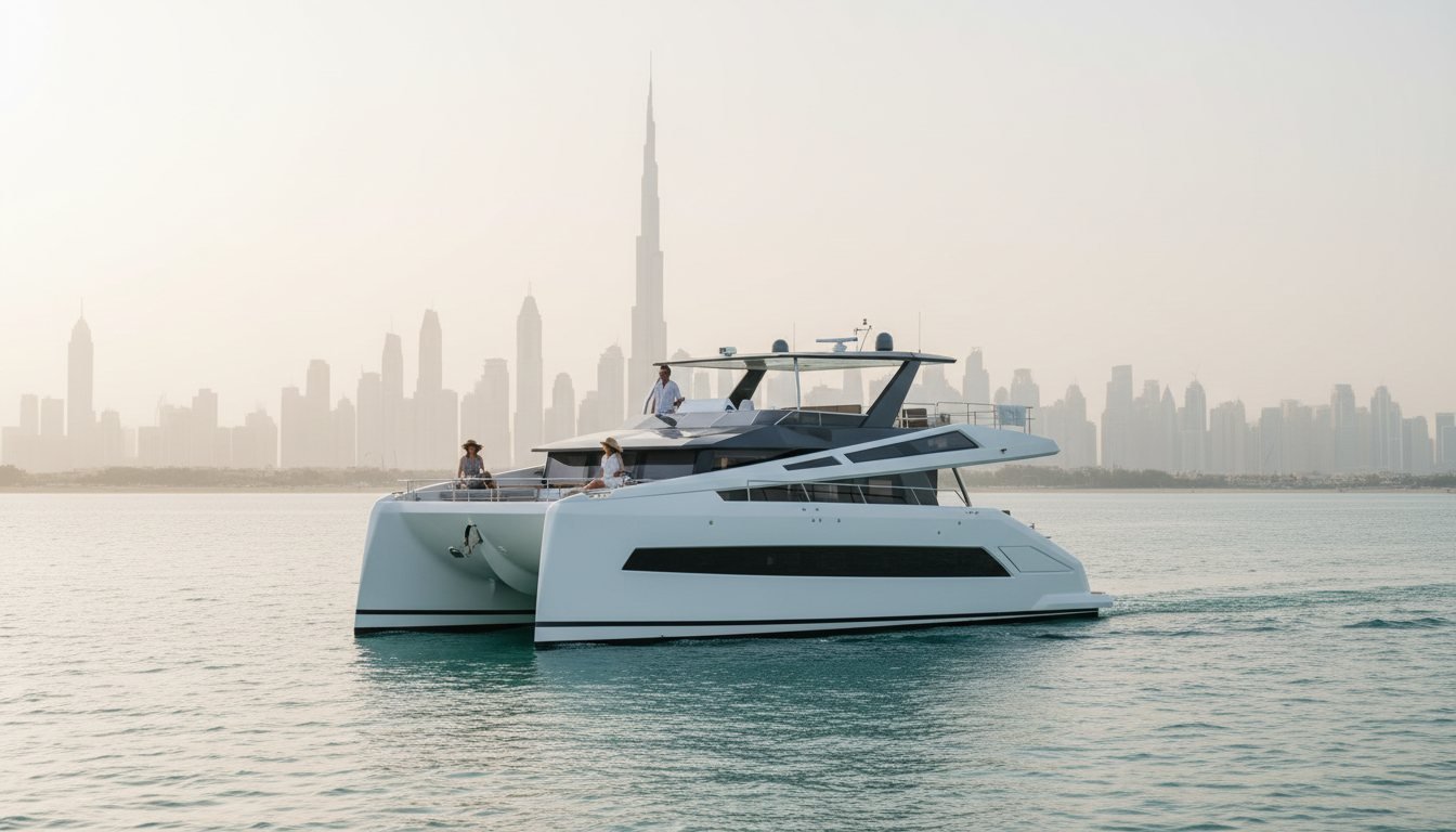 Sleek motor yacht sailing along the Dubai shore under warm afternoon sun