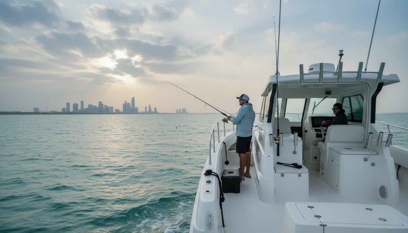 Two fishermen holding rods at the back of a fishing boat off Dubai