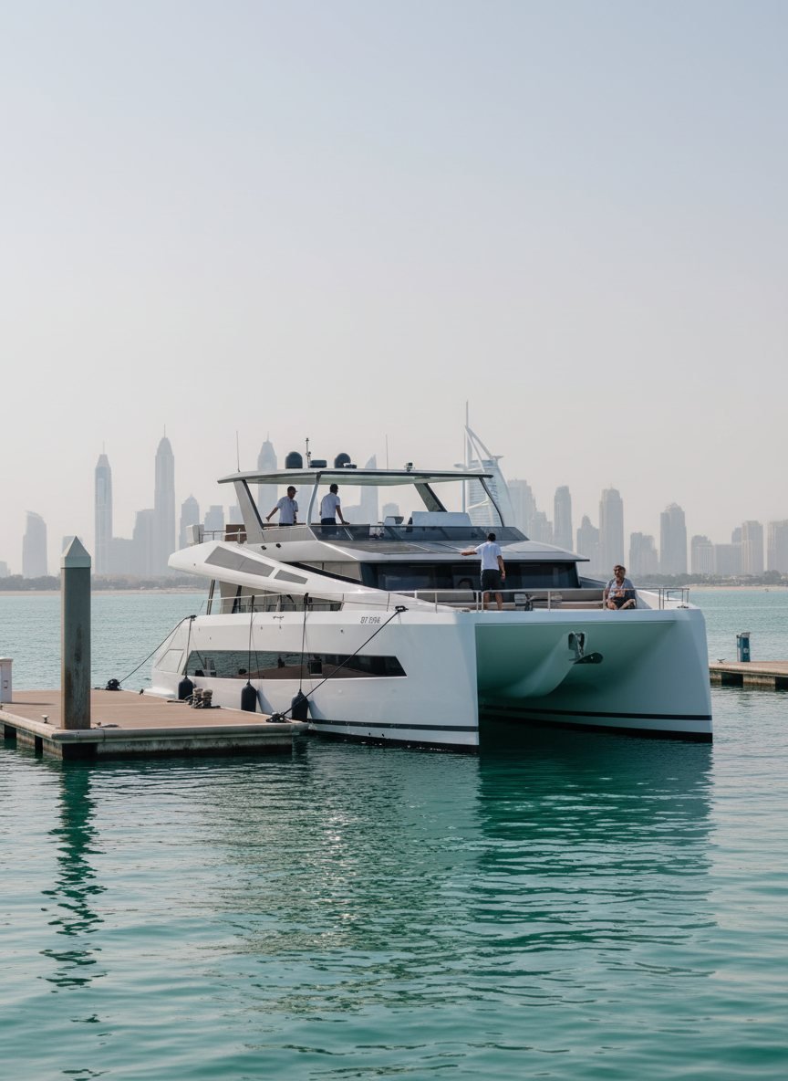 Uniformed yacht crew gathered on the marina dock with Dubai city skyline behind