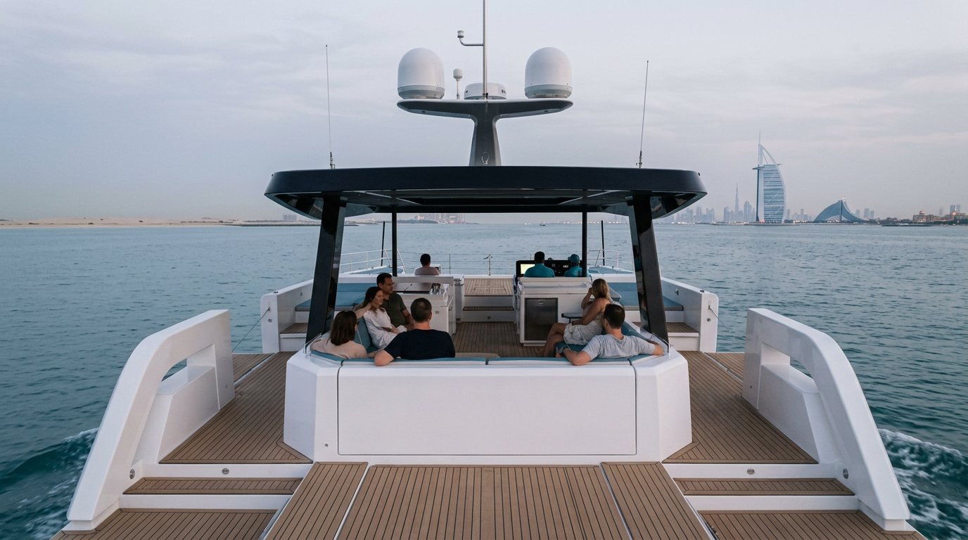 White motor yacht sailing past illuminated Dubai landmarks at dusk