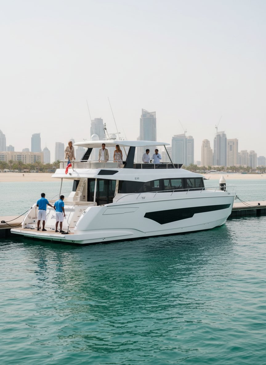 Yacht crew standing on a wooden marina pier in Dubai under bright sunlight