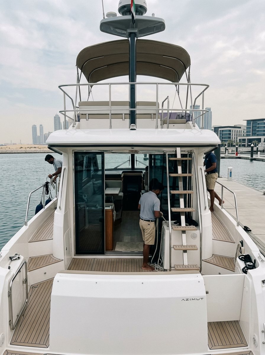 Yacht crew working on the marina pier on a sunny Dubai morning